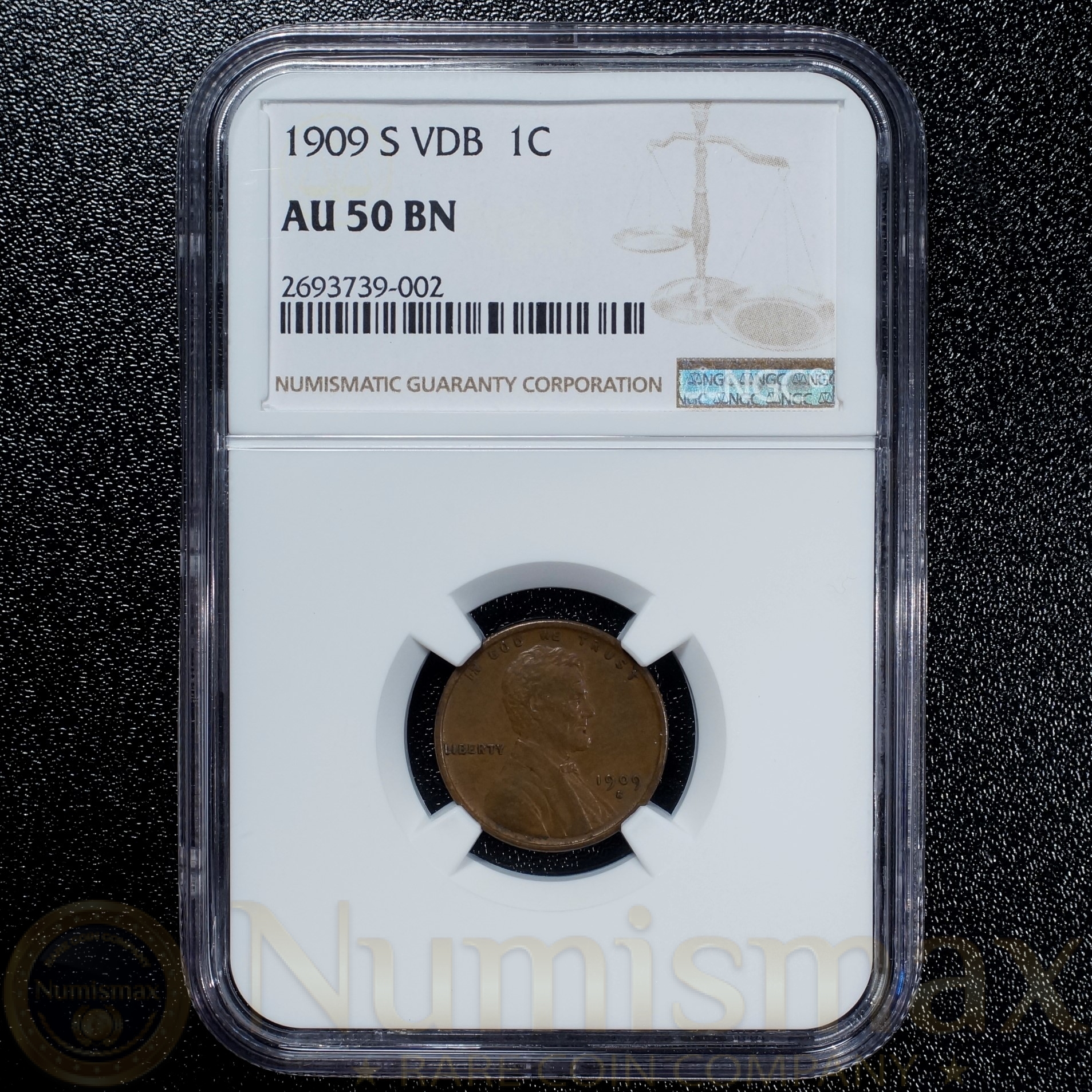 1909 San Francisco VDB Lincoln Cent NGC AU 50 BN Numismax