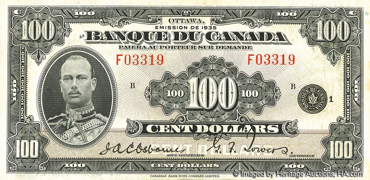 100 Dollars Type 1935 "French" Canada The banknote Numizon catalog