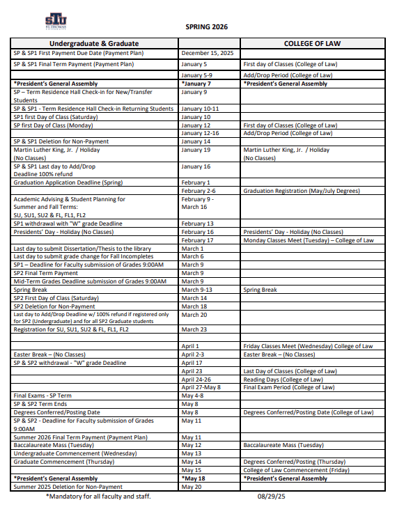 STU Academic Calendars St Thomas University College of Nursing