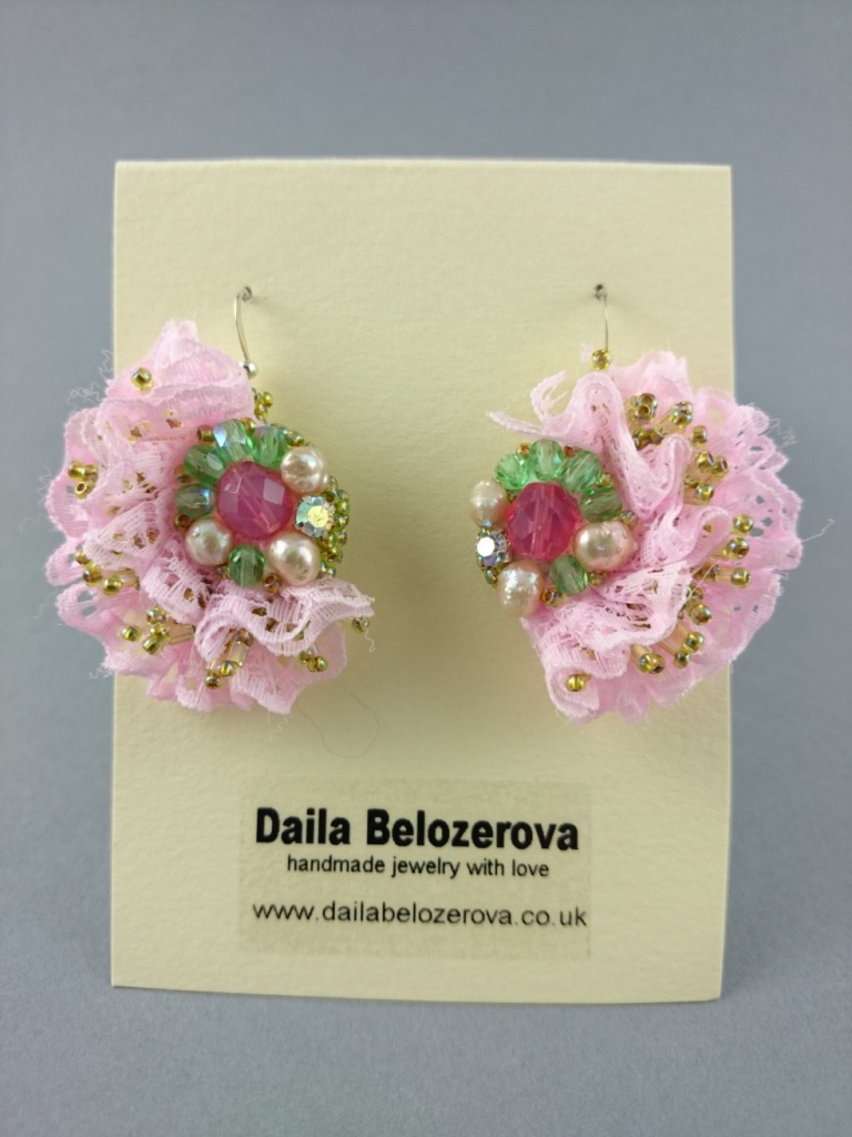 Nuwzz Pink pearl.. Bead Embroidered Earrings, Jewelry in bead embroidery, Handmade Lace Earrings