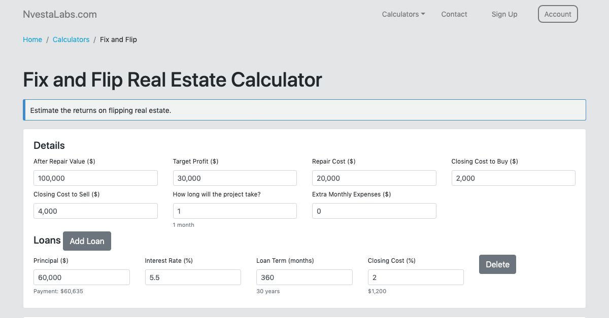 Fix and Flip Real Estate Calculator