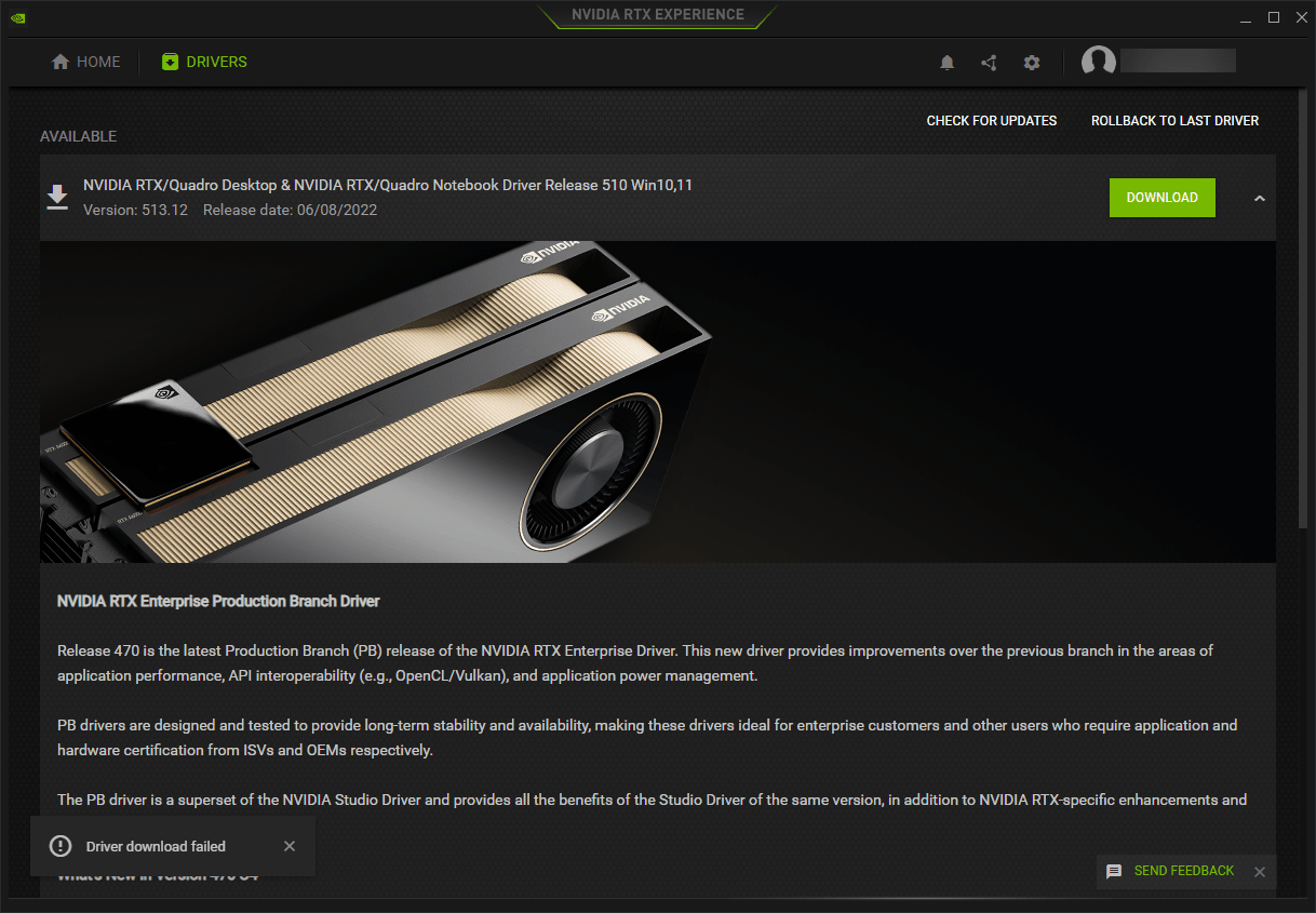 NVIDIA RTX Experience Driver Download Failed NVIDIA