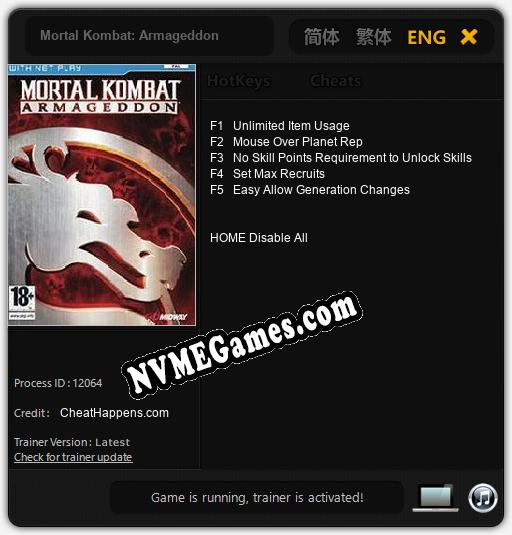 Mortal Kombat Armageddon Cheats, Trainer +5