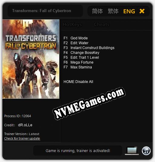 Treinador liberado para Transformers Fall of Cybertron v1.0.4