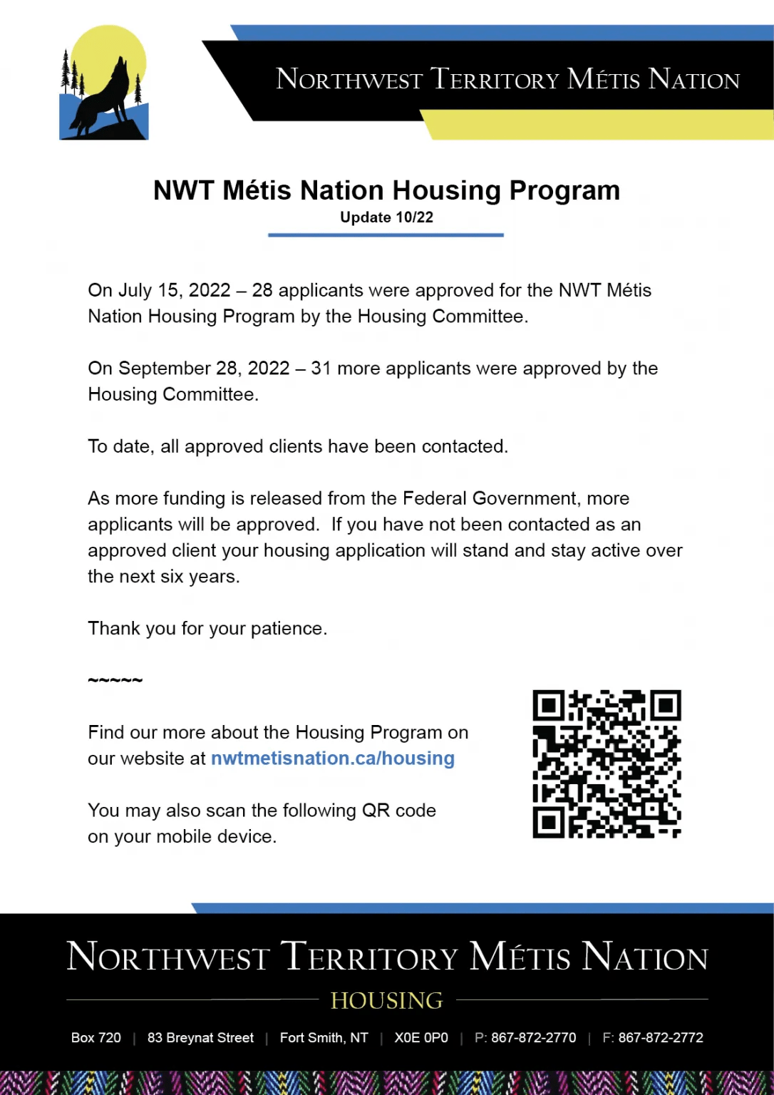 Update NWT Métis Nation Housing Program NWT Métis Nation