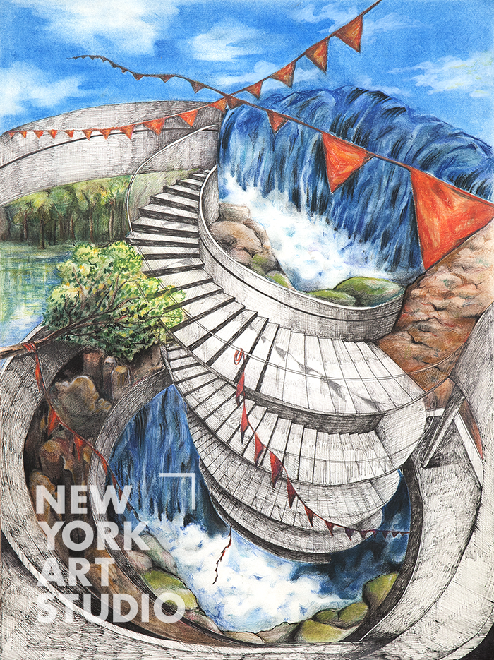 College Art Portfolio Student Work Color Pencil & Pen Drawing