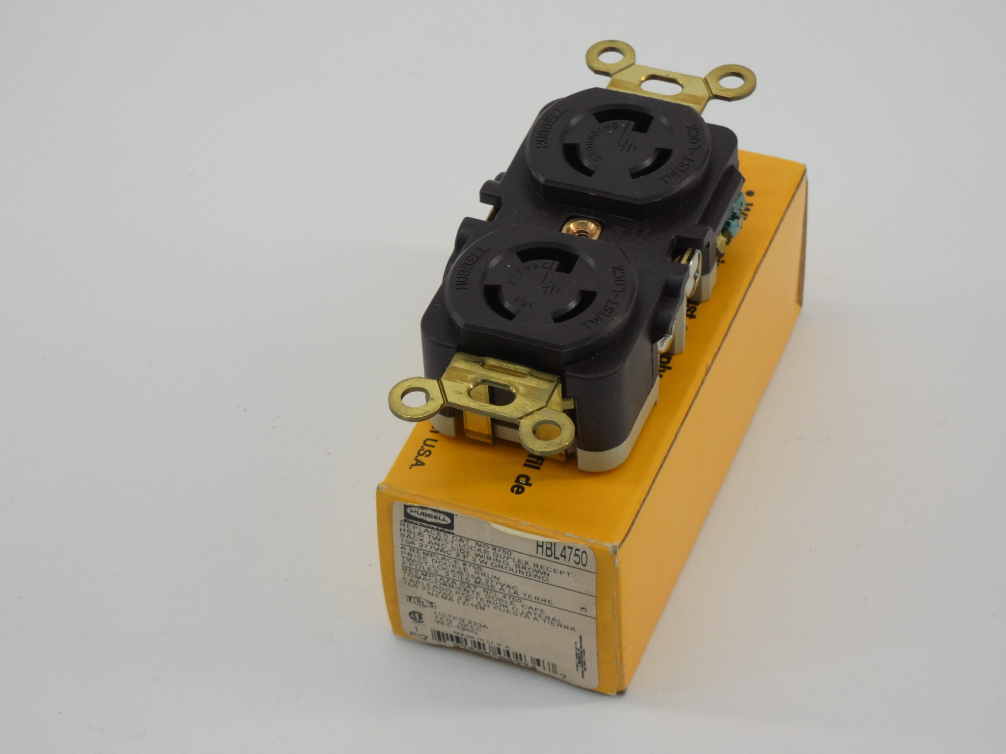 Hubbell HBL4750 TwistLock Duplex Receptacle, 15A, 277V, 2P, 3W, Brown