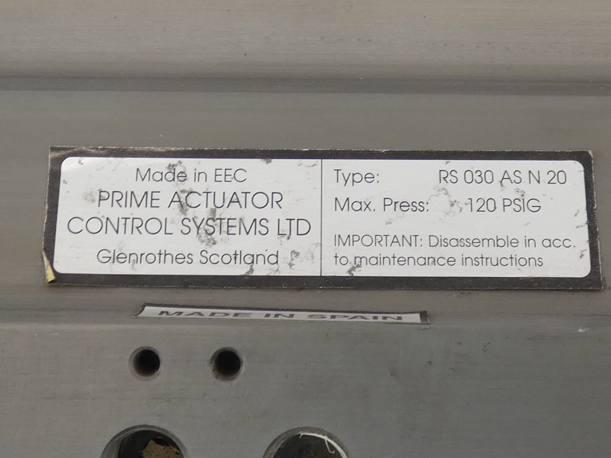 Prime Actuator Control Systems RS 030 AS N 20 Valve Actuator Tufline