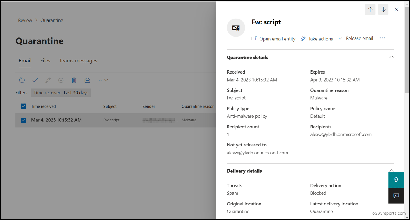 Quarantine messages in detail Office 365 Reports
