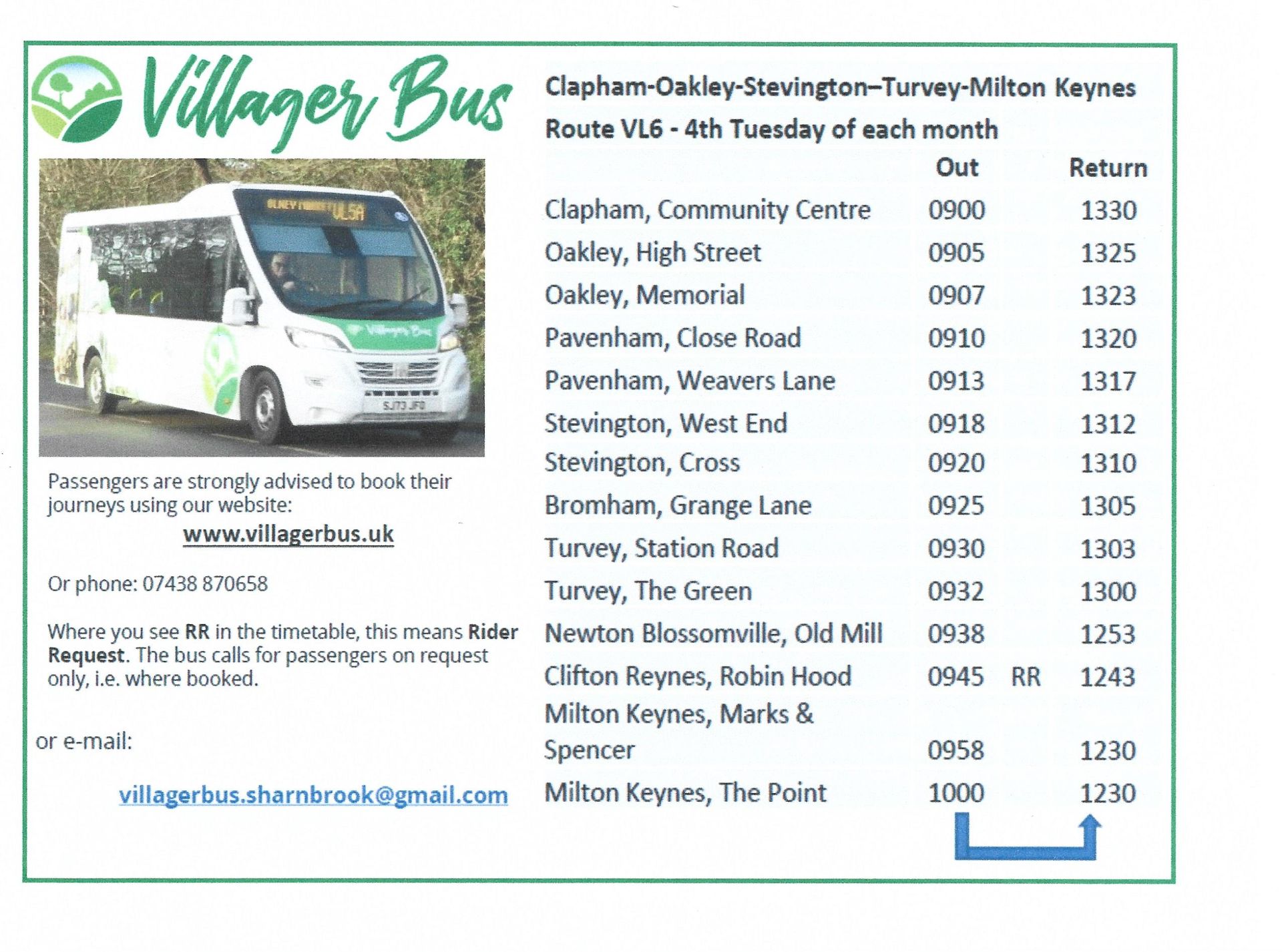 Villager Bus Timetable Oakley Village