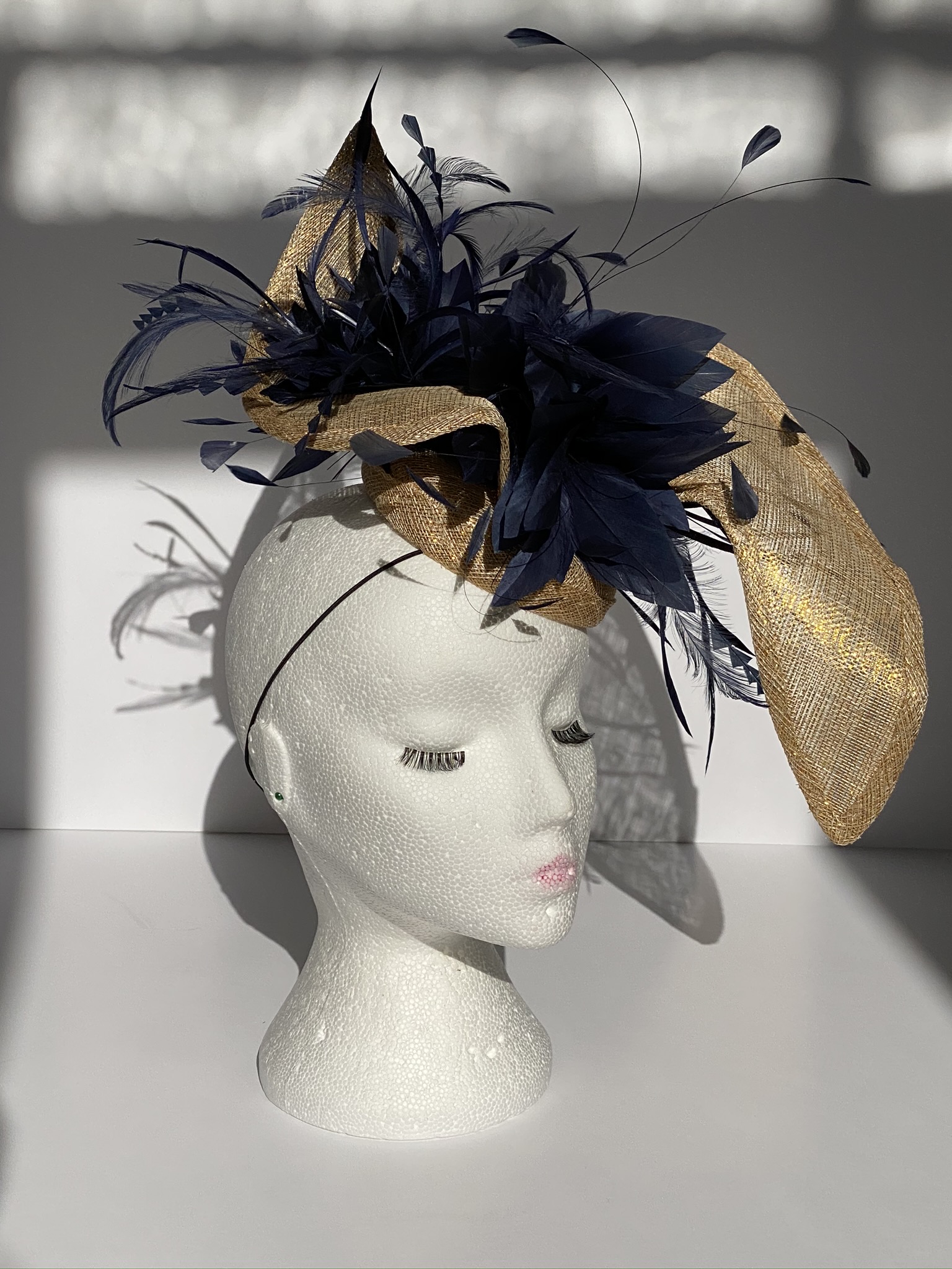 Oana Millinery Jennifer Freeform Gold And Navy Blue Fascinator