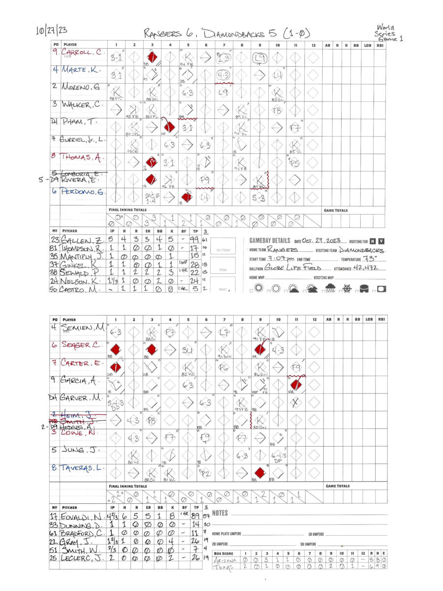 "Game 1 2023 World Series scorebook" (Original art by Levi Weaver)
