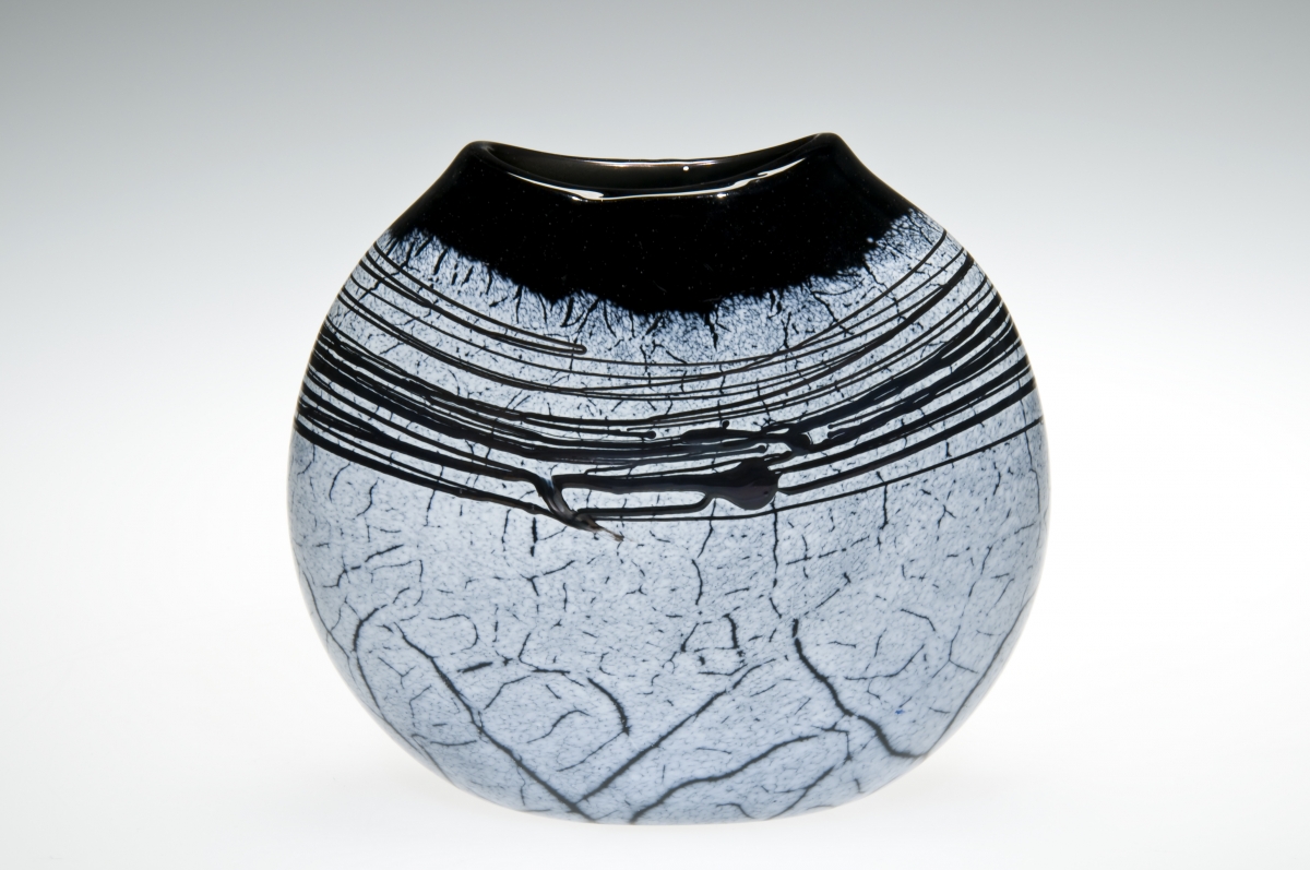 Glass "Handblown Black and White Crackle Art Glass Flat Vase