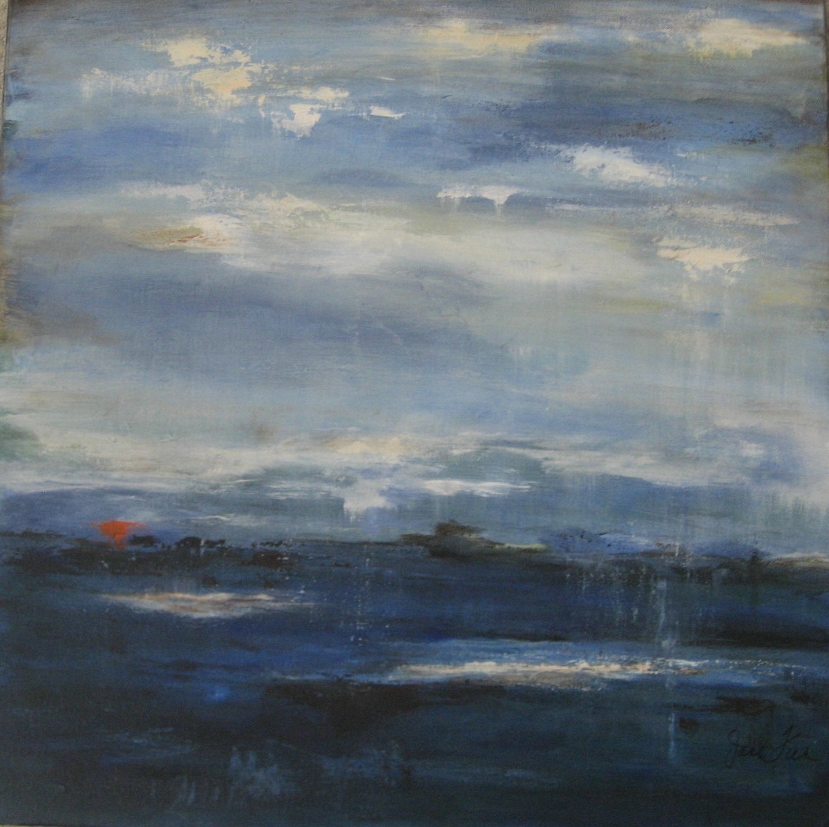 Abstract Acrylic Paintings Grey Skies Over Pond by Jane Fier