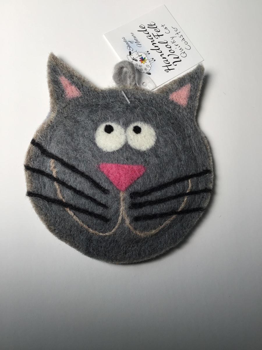 Textiles and Fiber Arts "Gray Quirky Cat Coaster " (Original art by