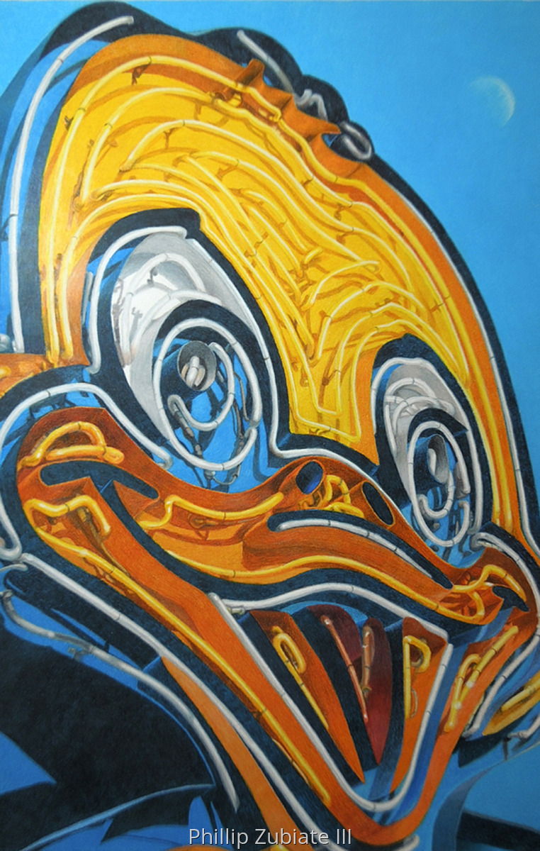 Academic Realism Colored pencil Drawings Neon Duck ( Vegas Series ) by