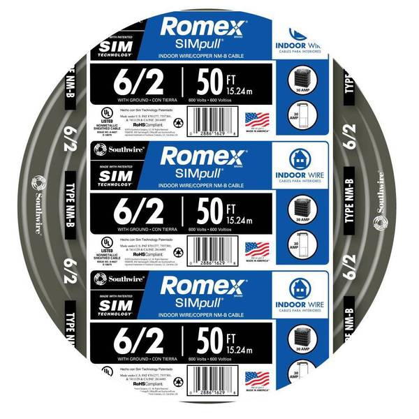 Southwire 50 ft. 6/2 Stranded Romex SIMpull CU NMB W/G Wire 28894422