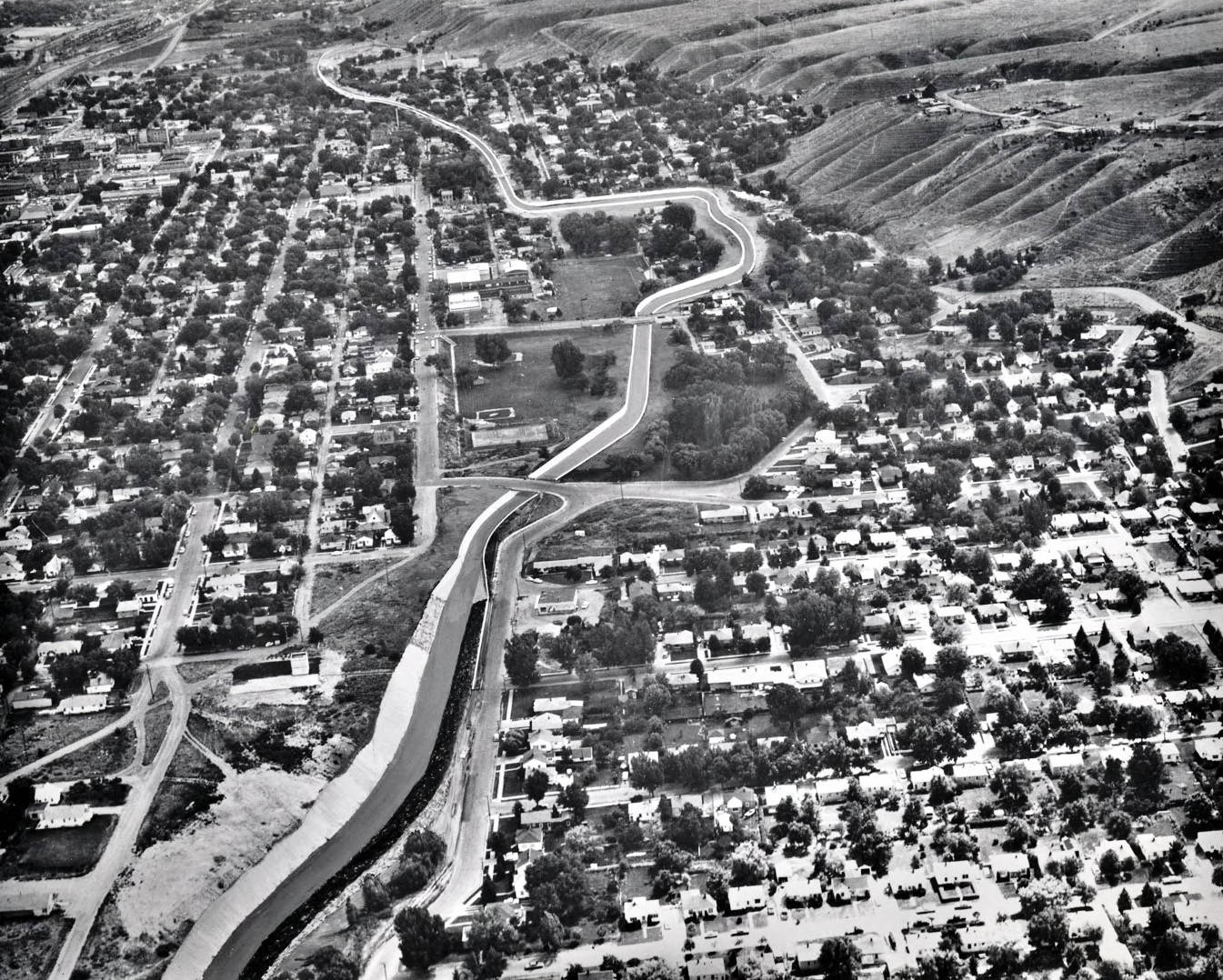 Aerial view showing artist's conception of flood control project