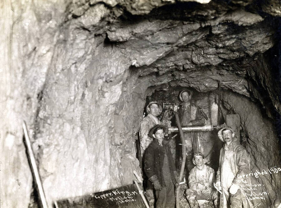 Underground drilling crew. Copper King Mining Company. Mullan, Idaho