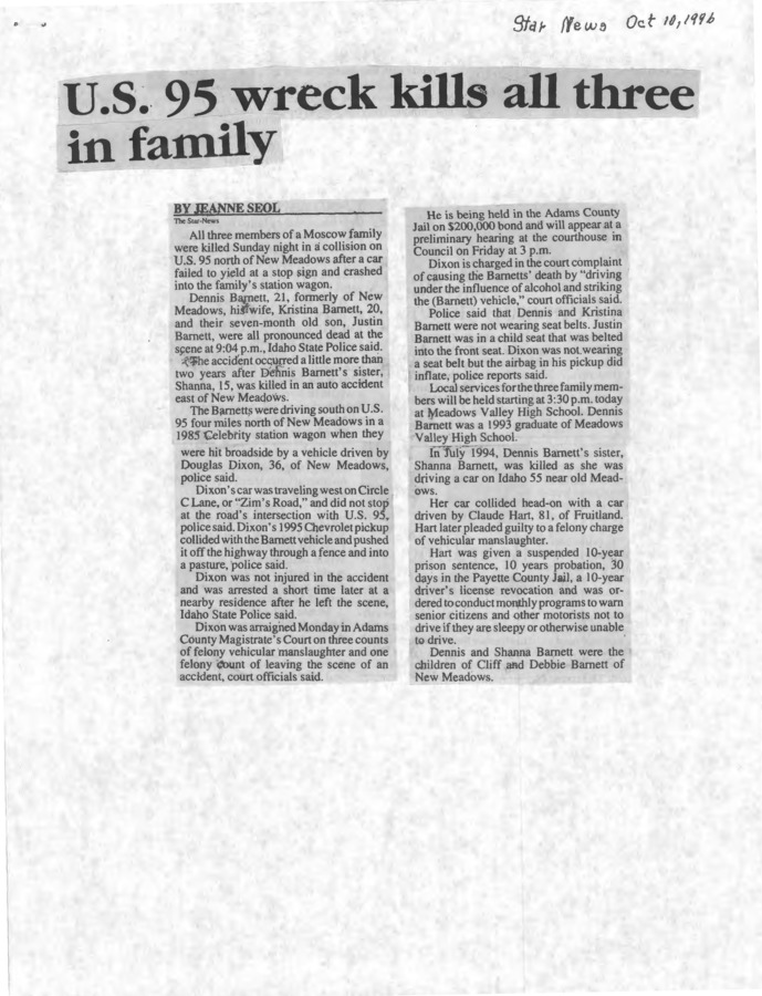 Automobile Accidents Highway 95 Folder McCall Public Library Collection