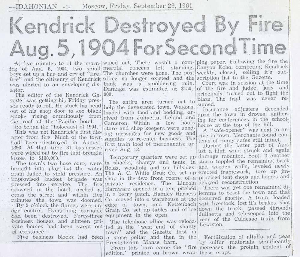 Copy of newspaper article about fire in Kendrick Ott Historical