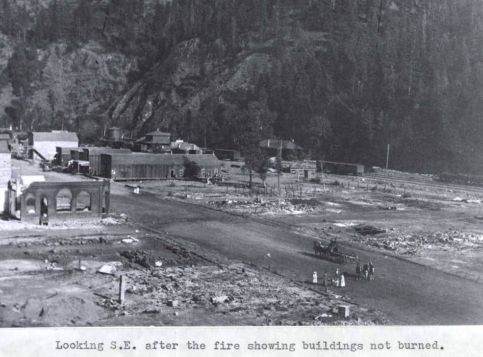 Looking southeast at Kendrick after the fire, showing buildings not