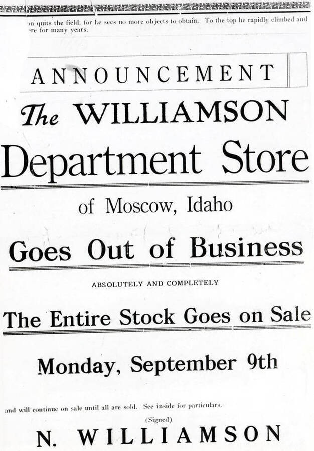 Williamson store closing announcement Ott Historical Photograph