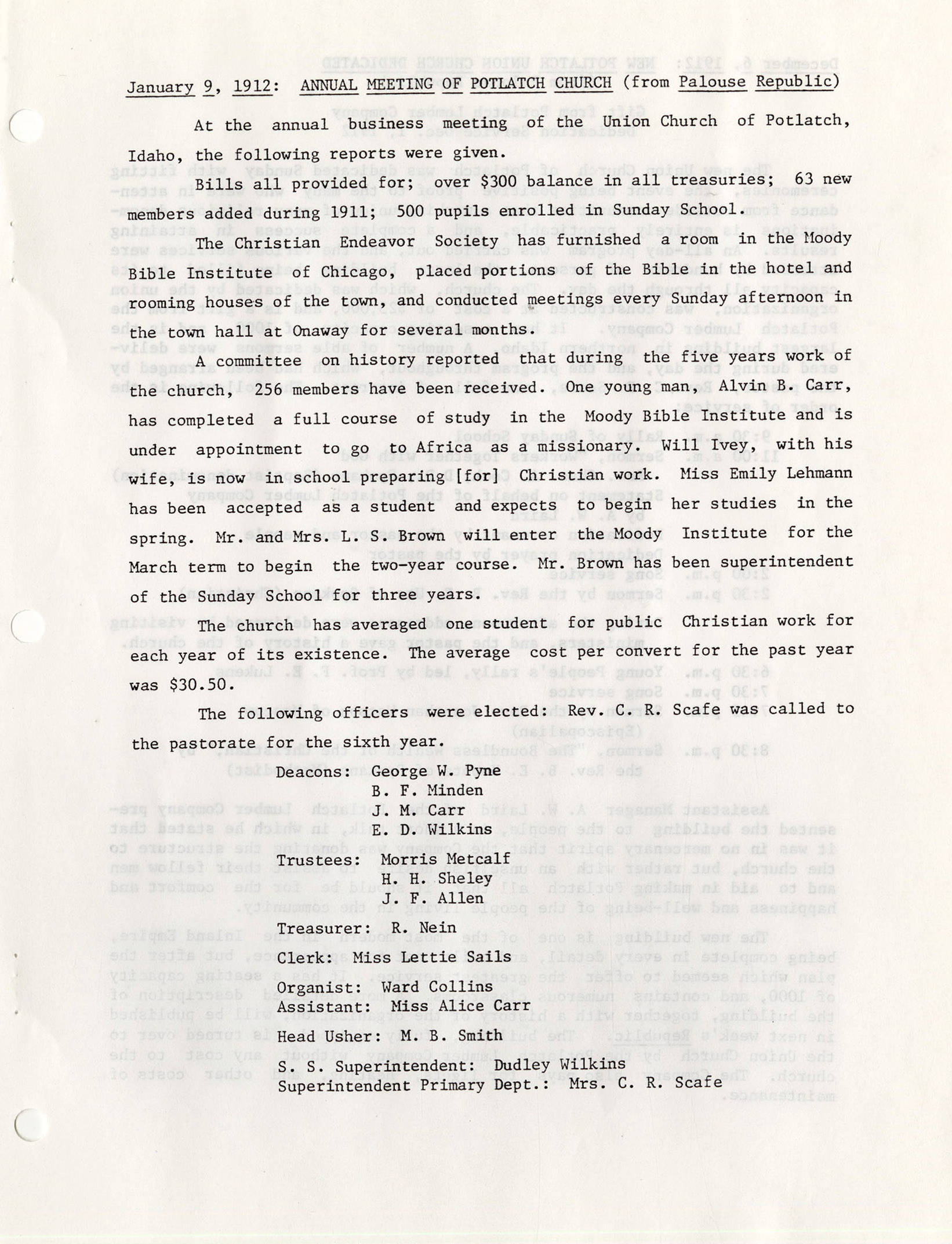 Annual Meeting of Potlatch Church Potlatch Historical Society Collection