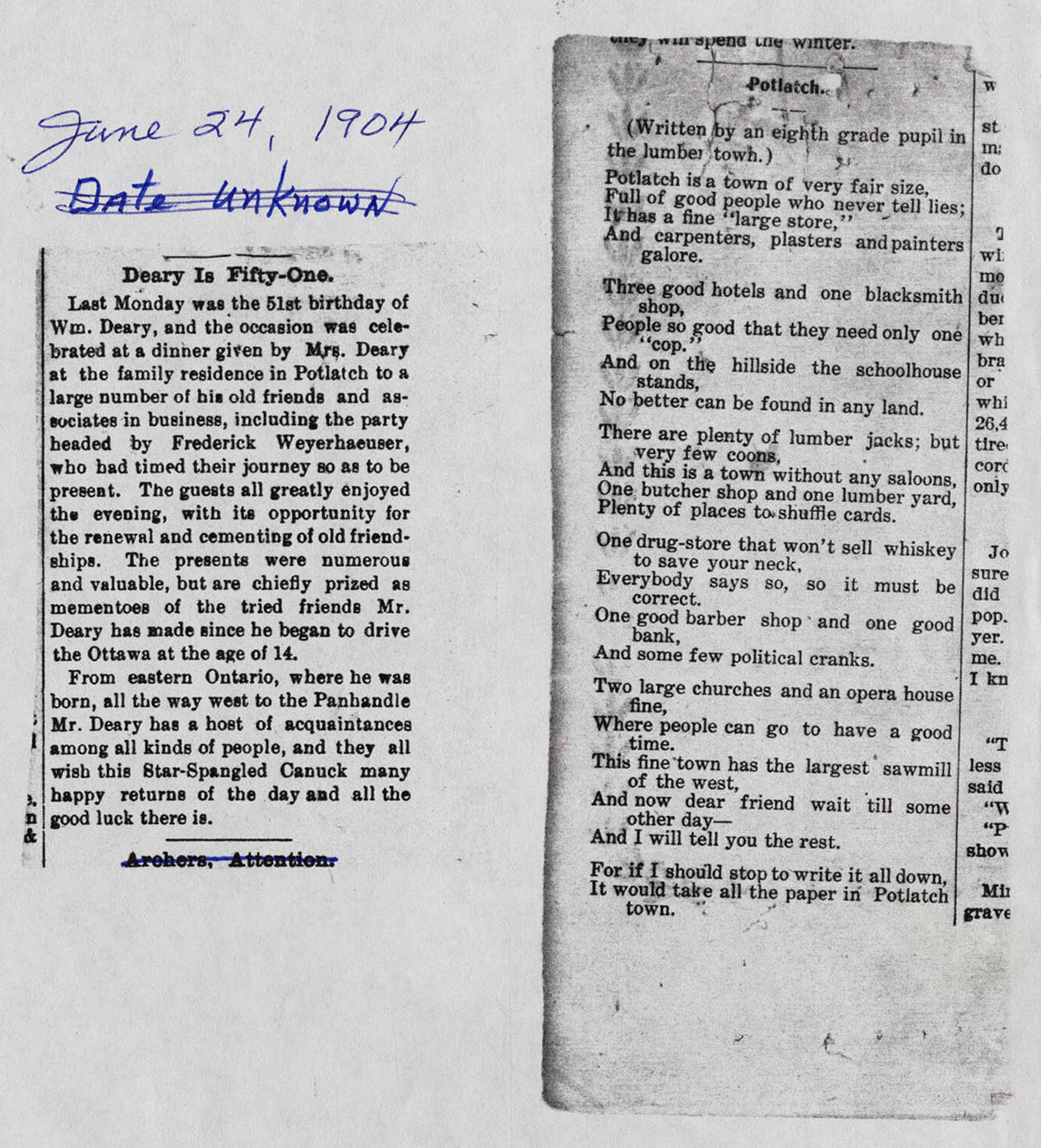 Wm. Deary Birthday and Potlatch Poem Potlatch Historical Society