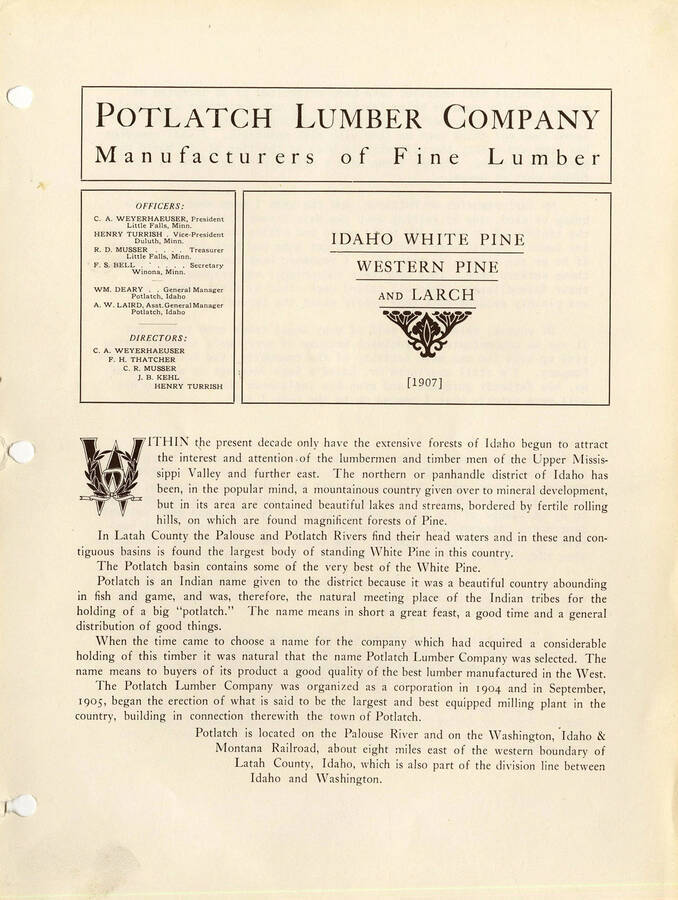 Potlatch Lumber Company Document [2] Potlatch Historical Society