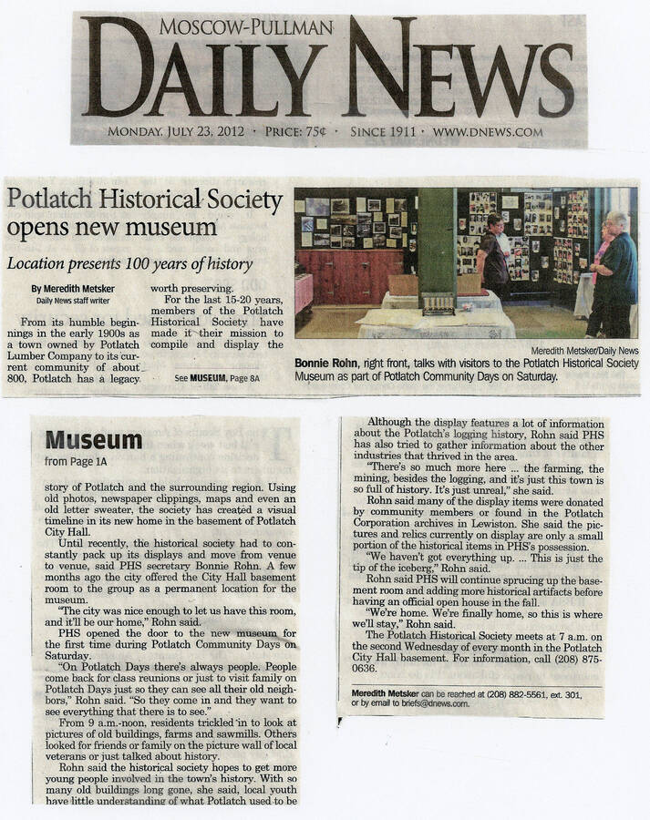 Potlatch Historical Society opens new museum Potlatch Historical