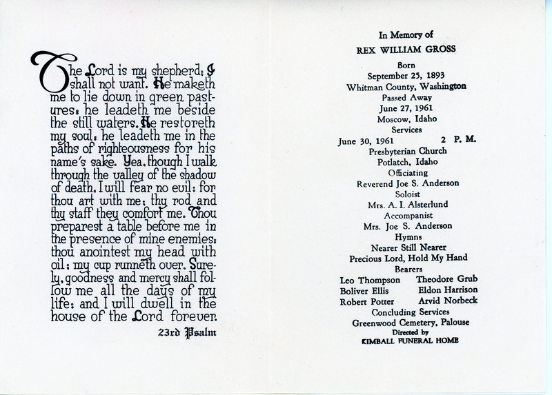 Funeral Program for Rev. William Gross Potlatch Historical Society Collection