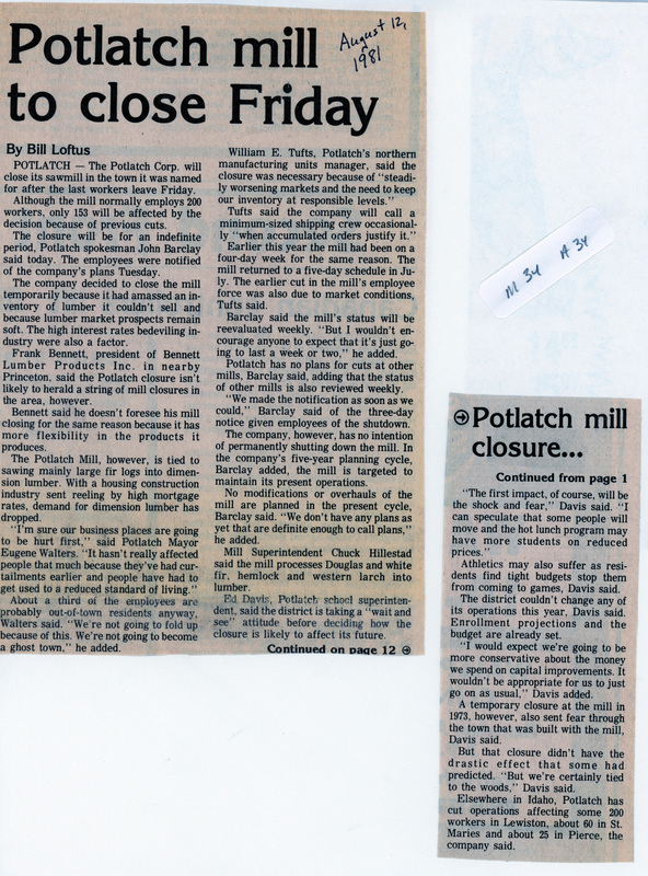 Potlatch Mill to close Friday Potlatch Historical Society Collection