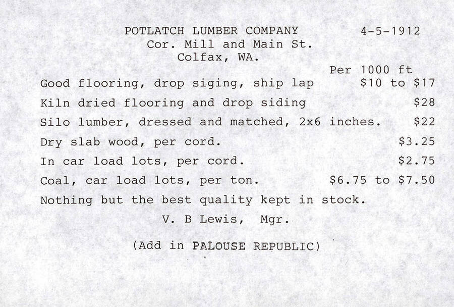 Product List Potlatch Historical Society Collection
