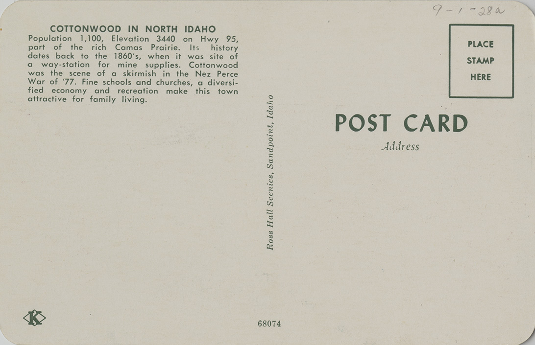 Cottonwood, Idaho. Aerial. Northwest Historical Postcards Collection