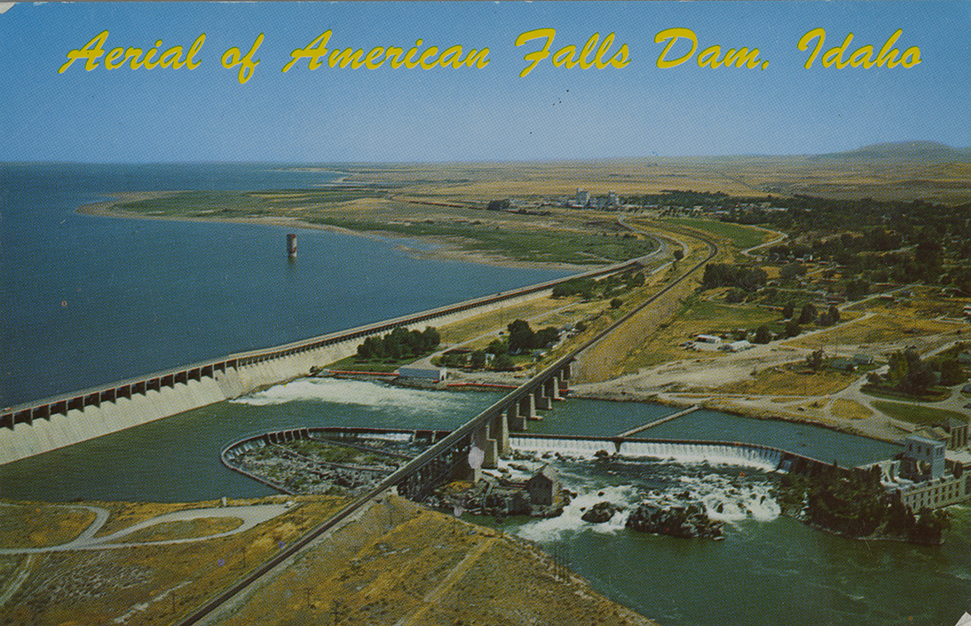 Aerial of American Falls Dam, Idaho. Northwest Historical Postcards
