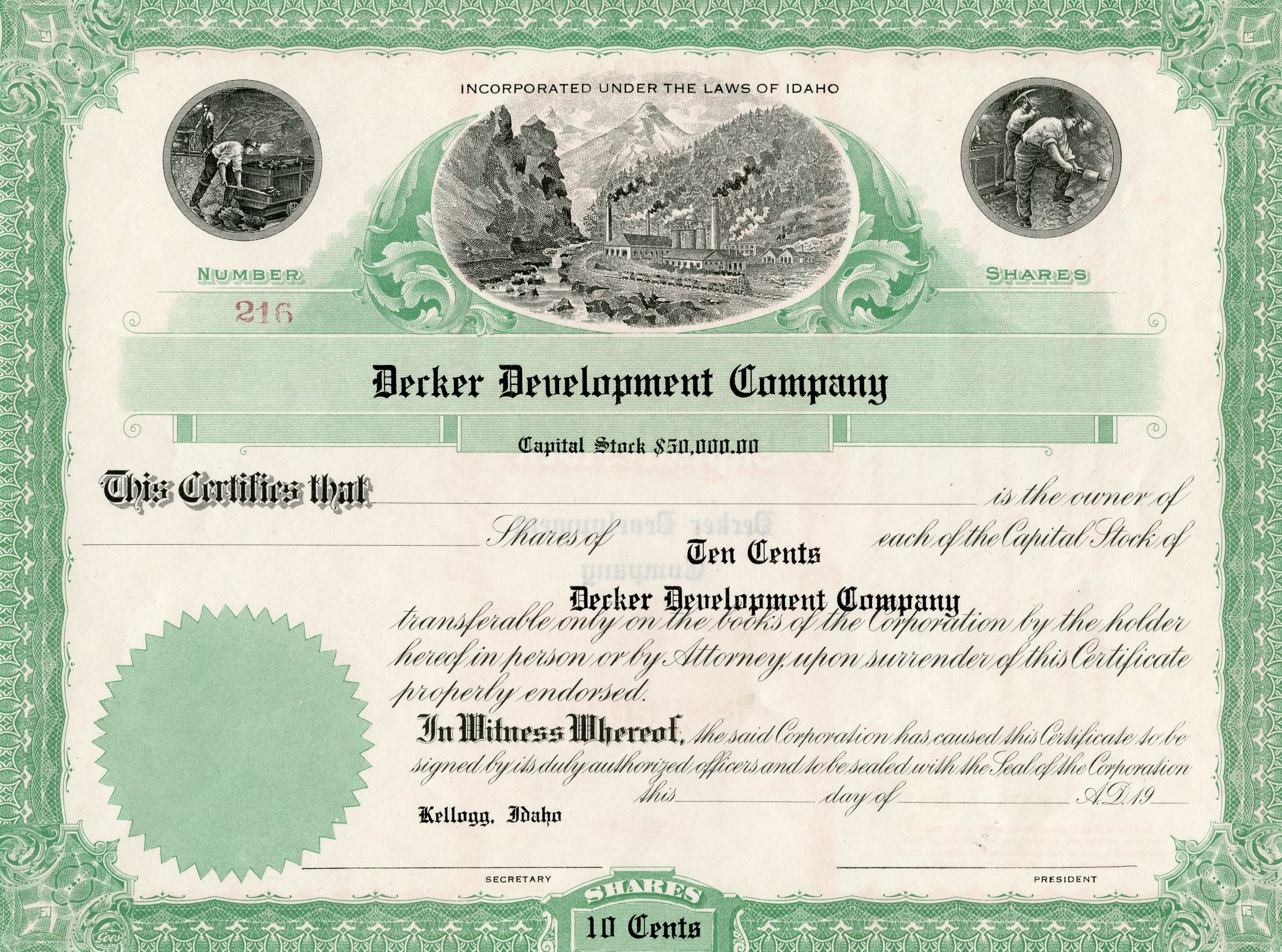 Decker Development Company Earl Stock Certificates