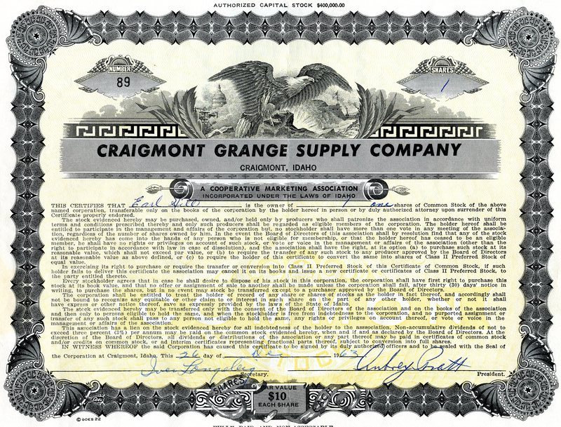 Craigmont Grange Supply Company Earl Stock Certificates