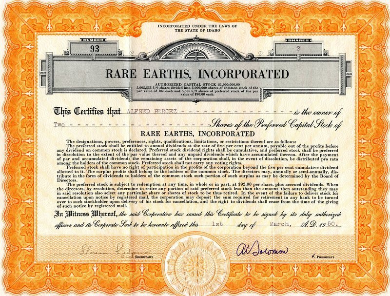 Rare Earths, Inc. Earl Stock Certificates
