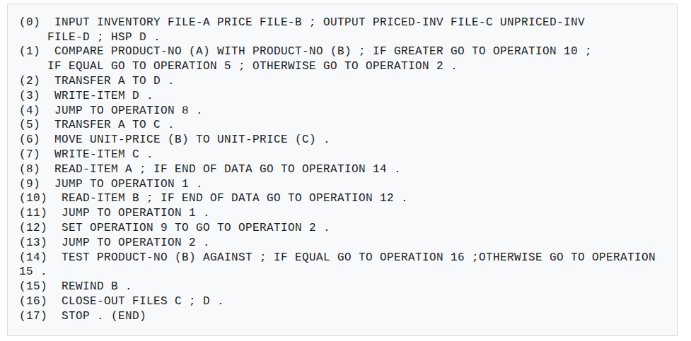 Exemple de code écrit en FLOW-MATIC, prédécesseur de COBOL Exemple de code écrit en FLOW-MATIC, prédécesseur de COBOL