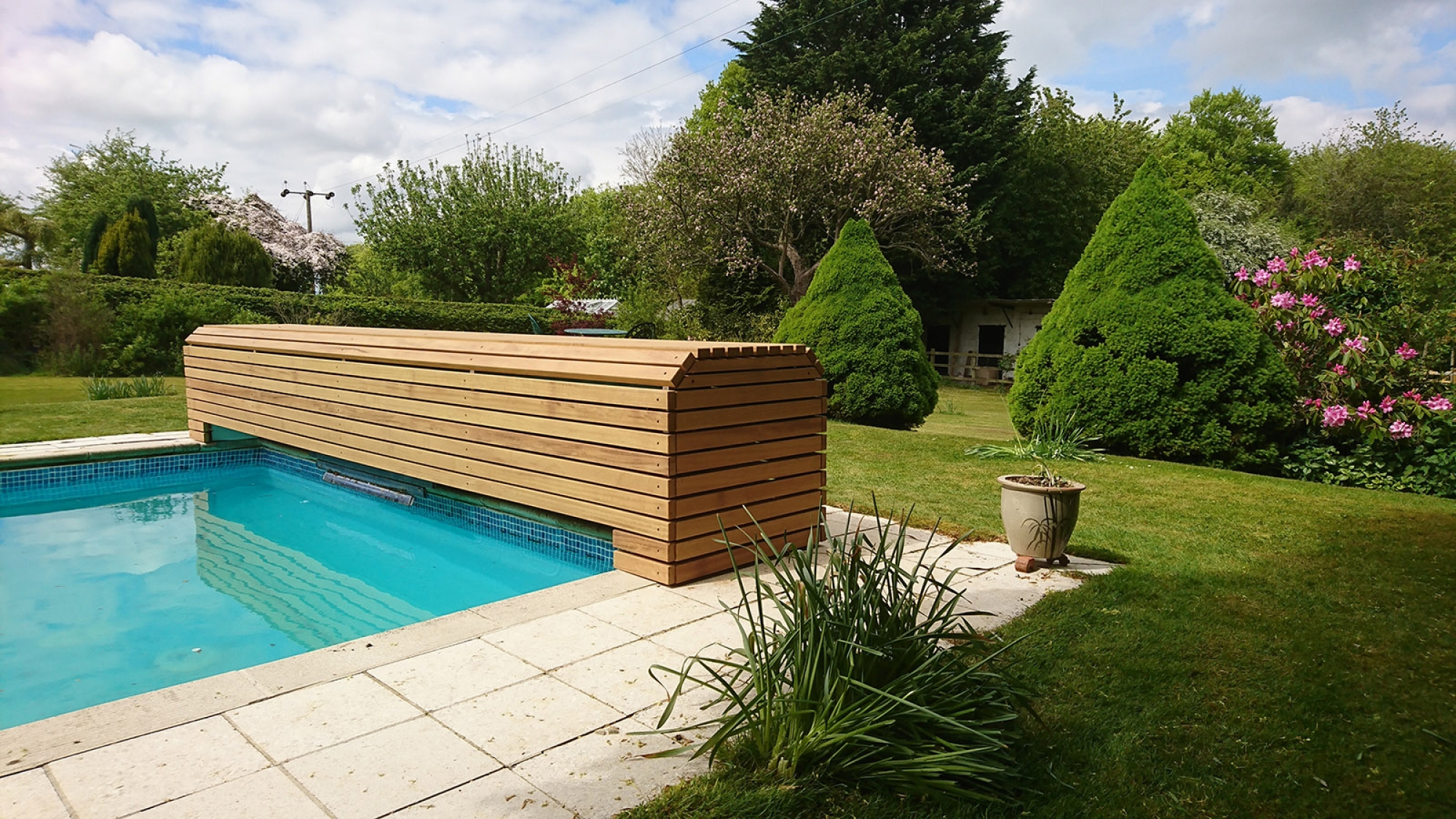 Ocea Automatic Pool Covers Deck Mounted Edge Bench Wooden