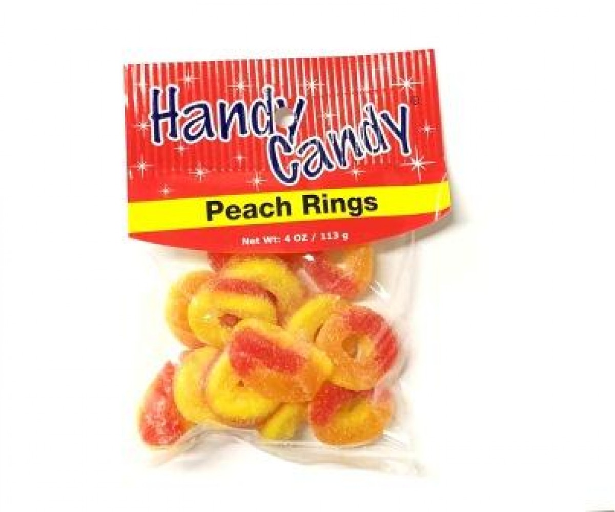 CANDY, PEACH RINGS 4oz. BAG HANDY CANDY