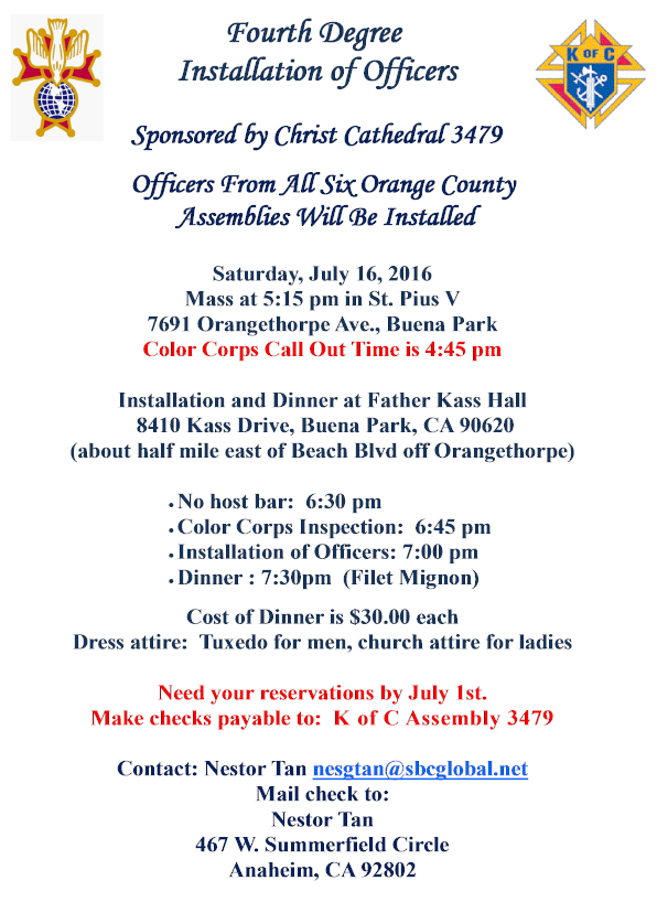 Assembly Officers Installation July 16 Knights of Columbus Orange