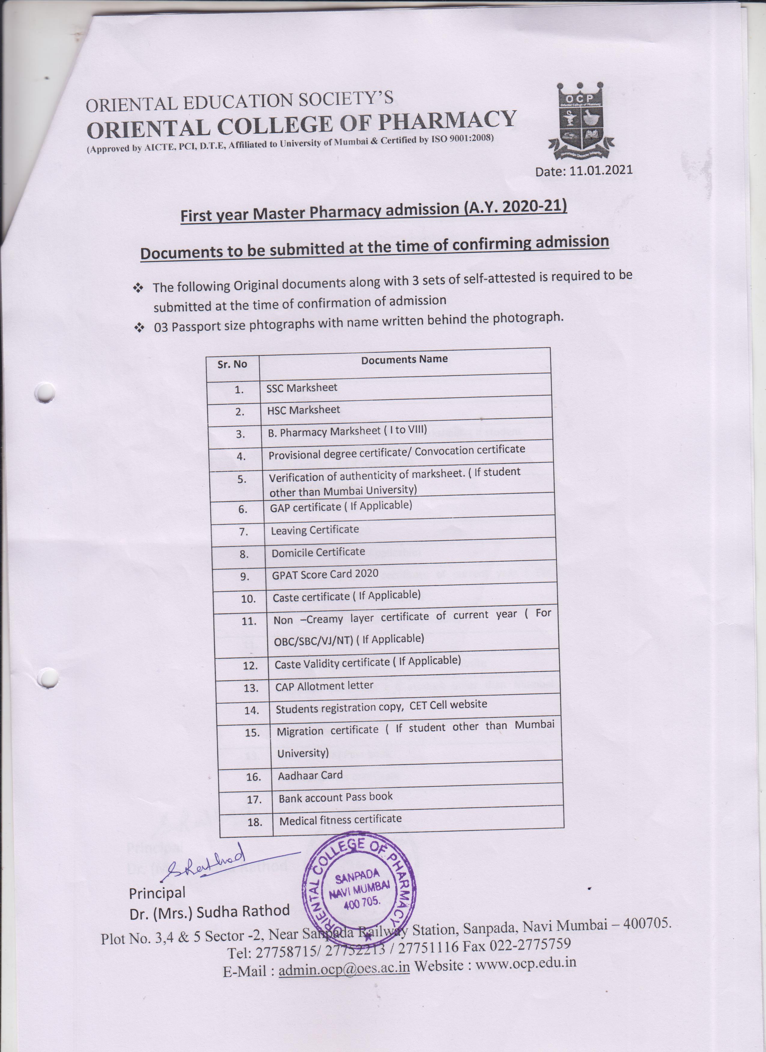 Admission Oriental College of Pharmacy