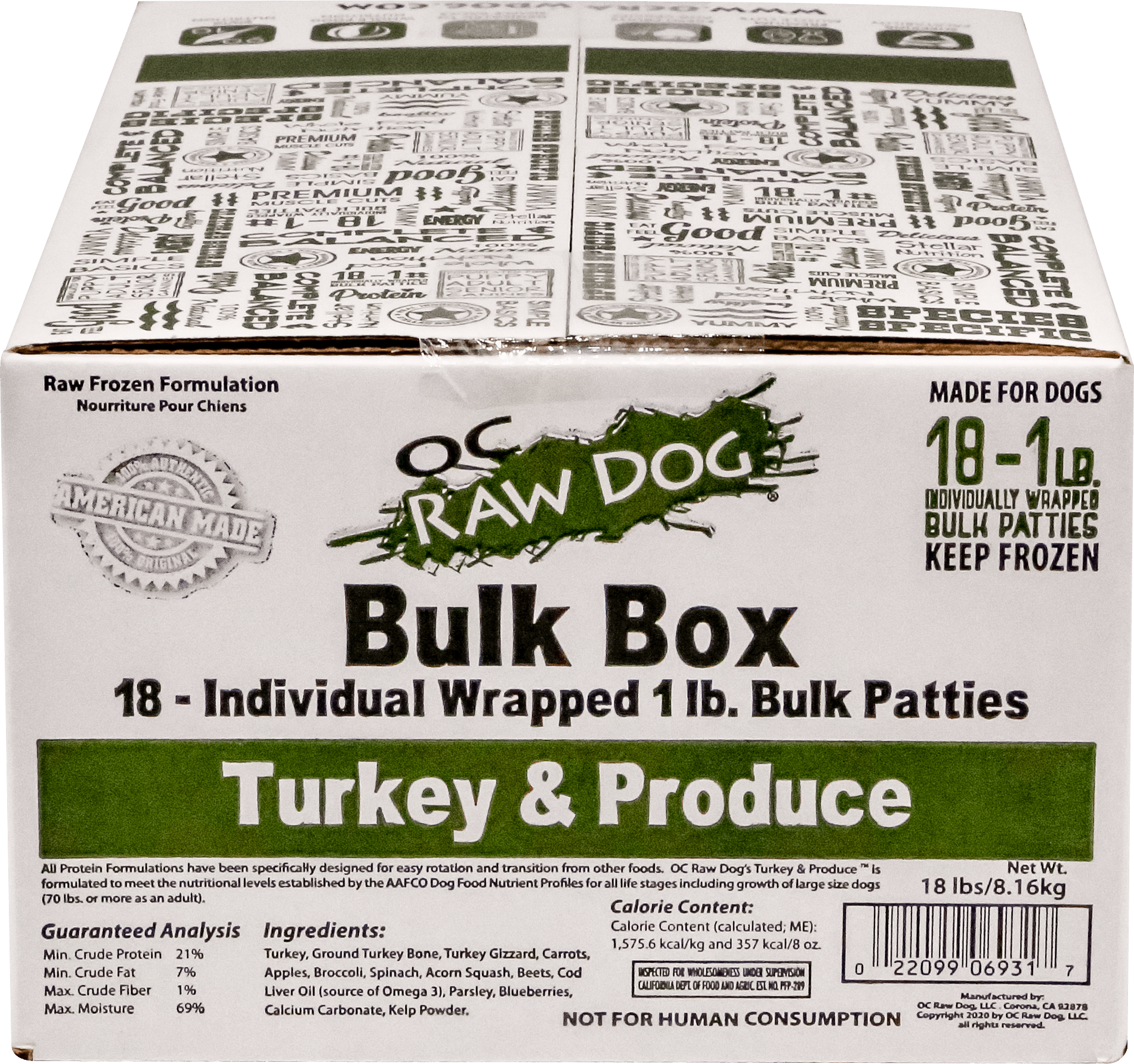 TURKEY &amp; PRODUCE 18 Bulk Box OC Raw Dog