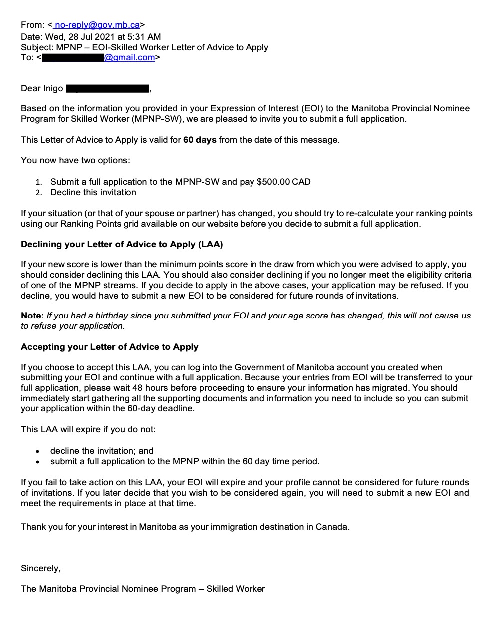New Provincial Nomination from Manitoba [28th July 2021]