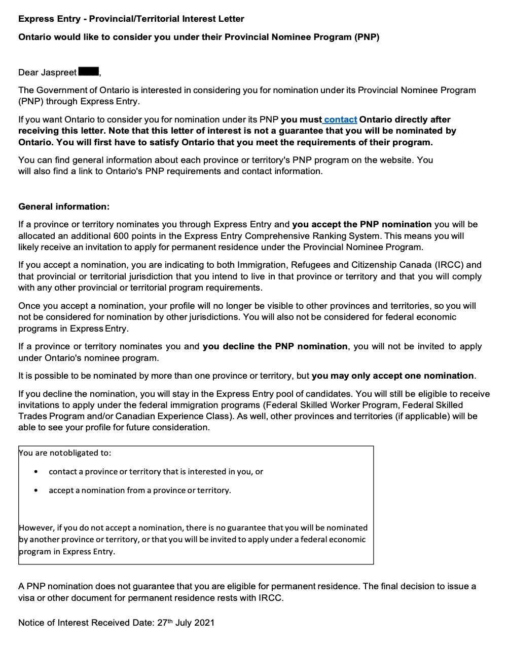 New Provincial Nomination from Ontario [27th July 2021]