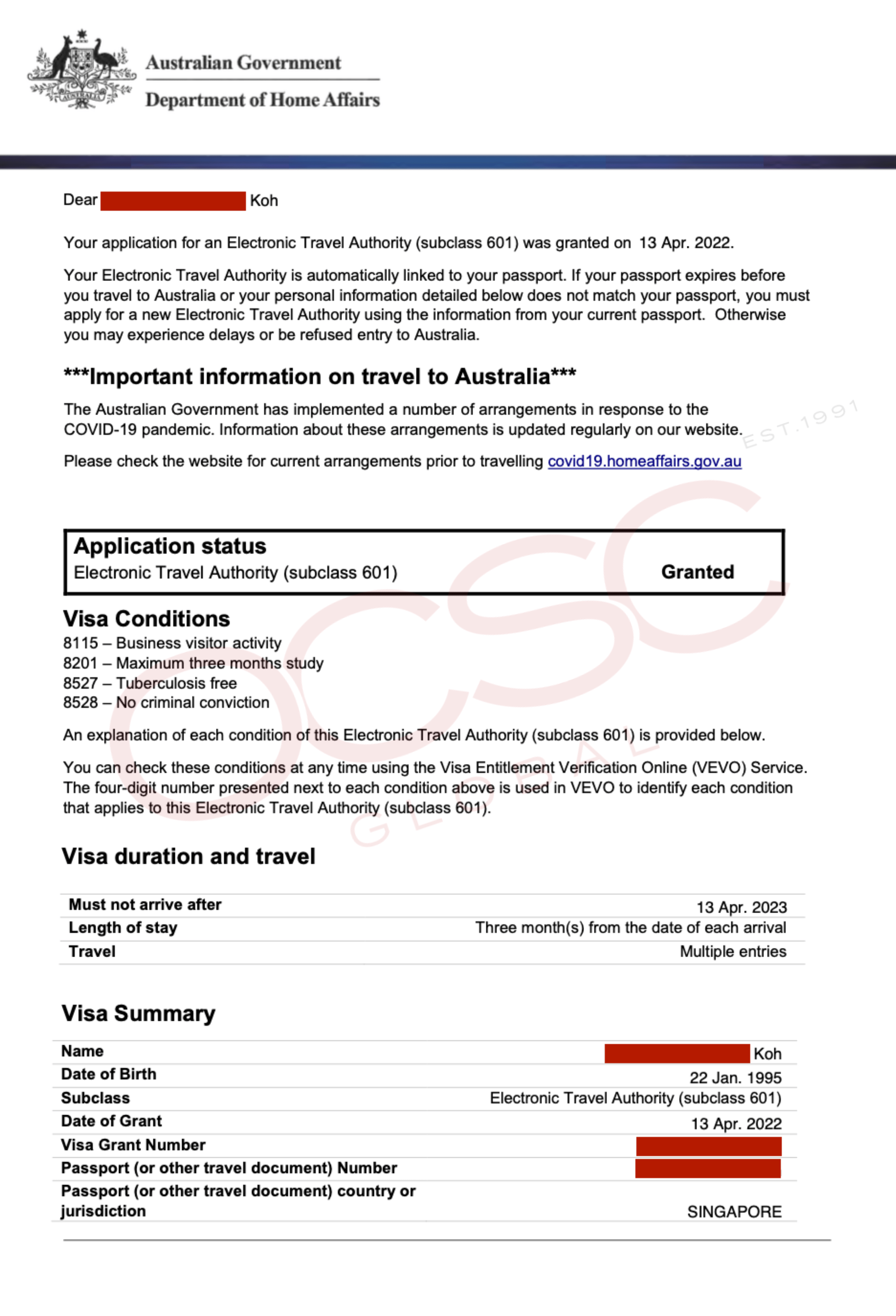 Approval for Australia Electronic Travel Authority (ETA) Subclass 601