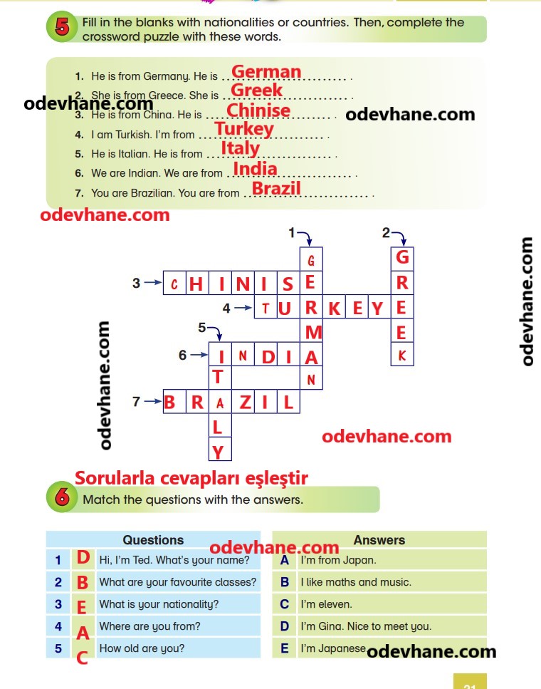 5. Sınıf İngilizce Ders Kitabı Sayfa 21 Cevapları ve Türkçe Çevirileri