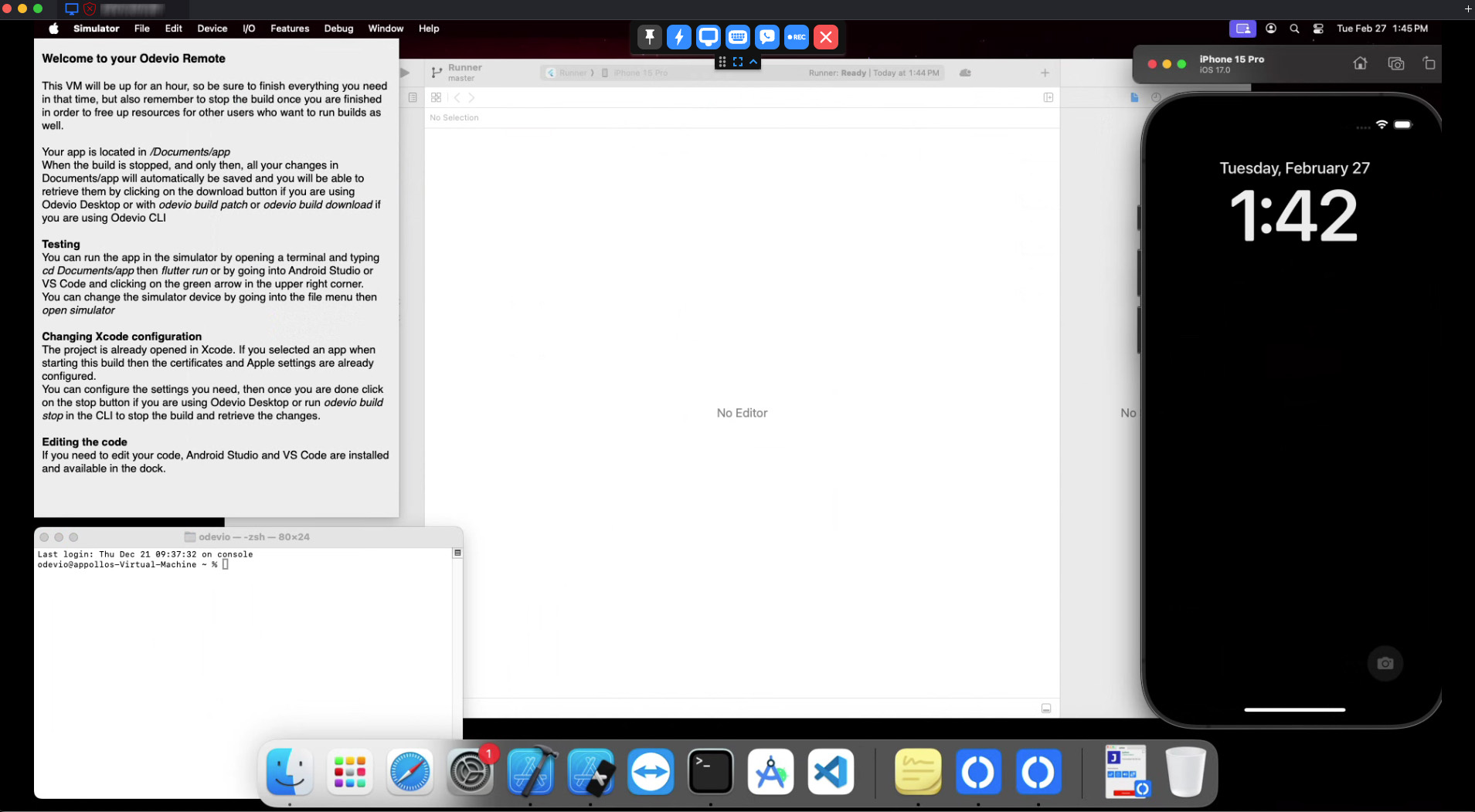 3. Configure Xcode, edit your code, debug and test your app with Odevio